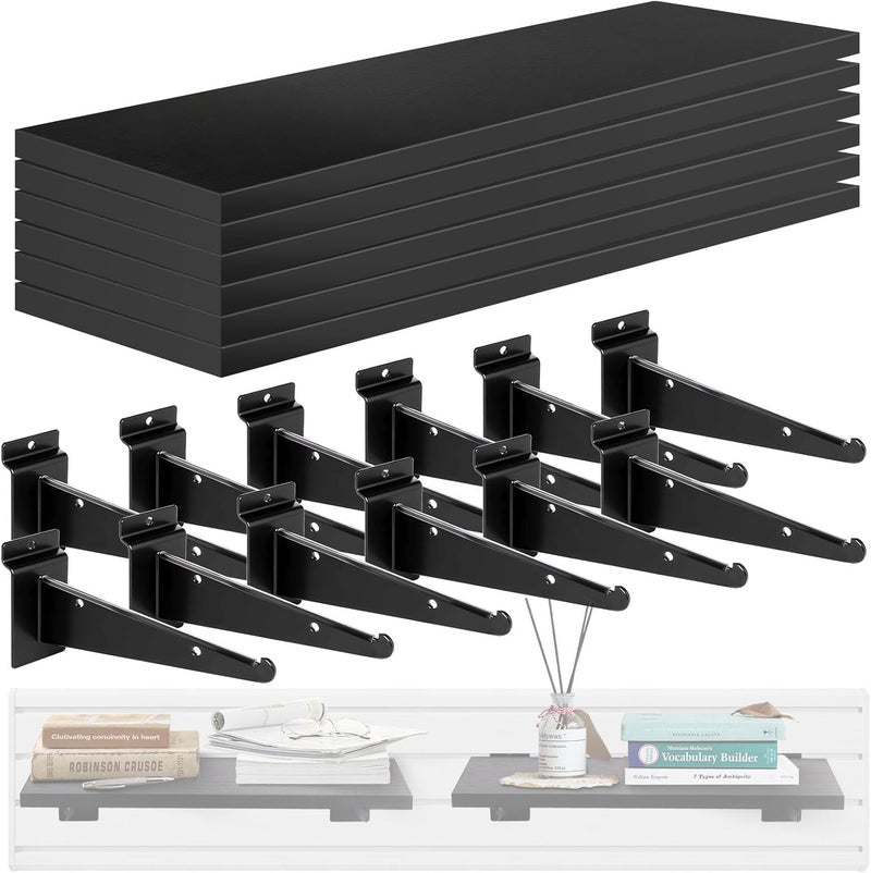 Alffun 6 Pack Heavy Duty Slatwall Shelves, 16x6 Inch Wooden Slat Wall Shelf with Metal Brackets - Space Saving Garage Organizer, Easy Install for Home Retail & Boutiques (Black) - Image 1